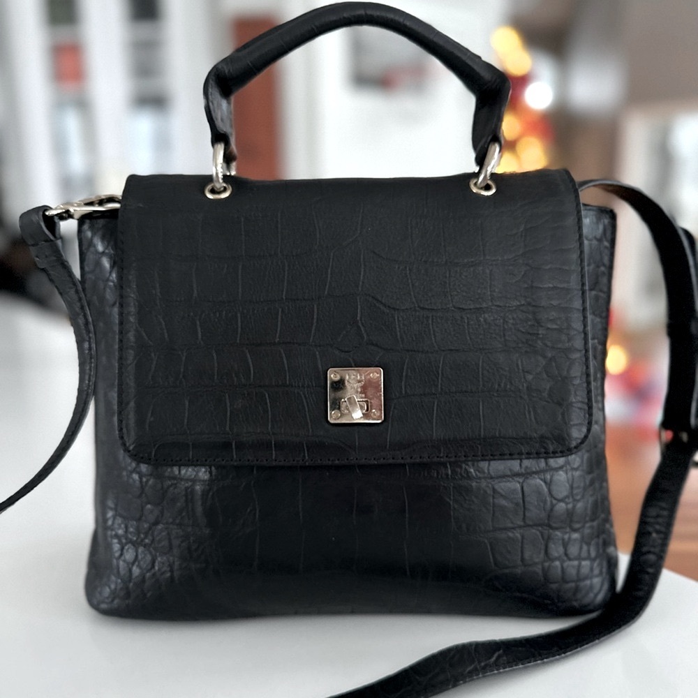 AUTH MCM RARE Kelly Style Croc Embossed Tote Bag Handbag Black